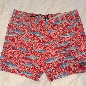 Vineyard Vines Coral and Blue Shark Print Swim Trunks, Size L